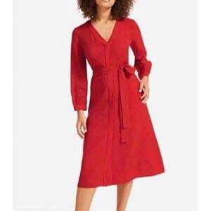 Everlane Cupro Blouson Shirt Dress 16 Red  Midi Long Sleeves Button Up V Neck